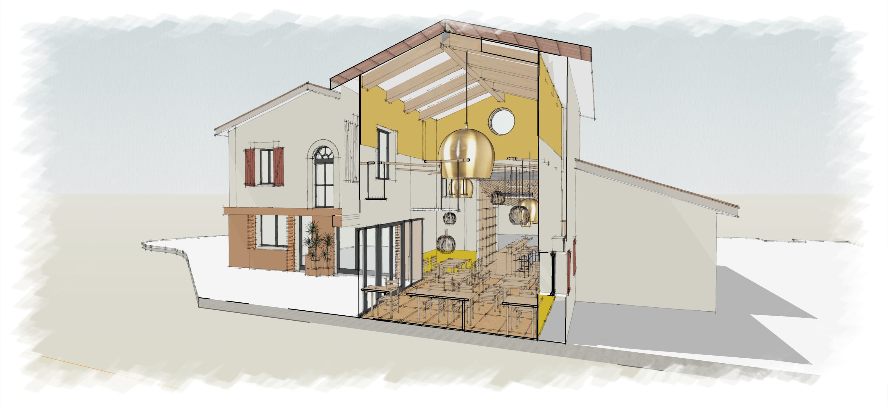 Coupe perspective, extension du restaurant Label Braise