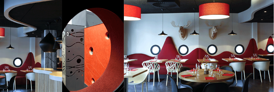 Restaurant aux suspensions tambour rouges, trophées de cerf et banquettes montagne, chaises blanches ajourées autour des tables