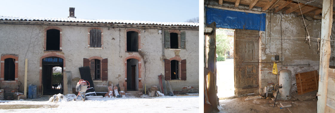 Avant travaux : la dépendance en brique et terre à l'abandon, et son intérieur éventré avant réhabilitation